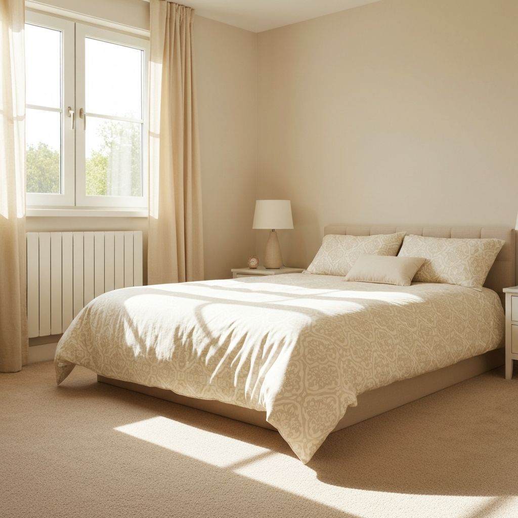 Peaceful bedroom with natural light and symmetrical serene environment